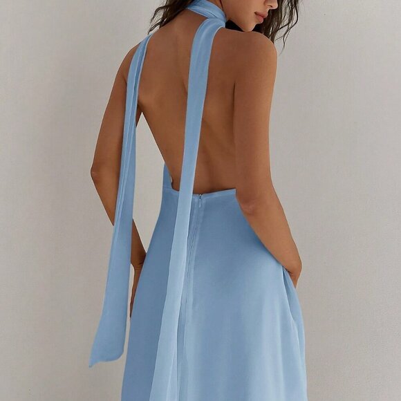 Blue Sexy Women's Deep V-Neck Backless Spaghetti Strap Long Chiffon Dress - Picture 5 of 7